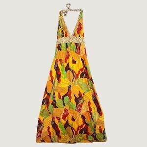Vintage Y2K Forever 21 Maxi Dress Women S/M Halter Vibrant Butterfly Beachy Boho